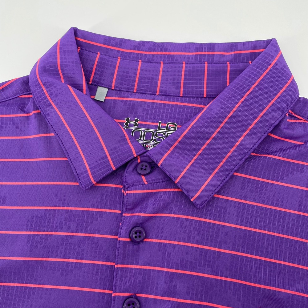 Under Armour Men's LG Kapalua Golf Polo Shirt Purple Pink Striped HeatGear Loose